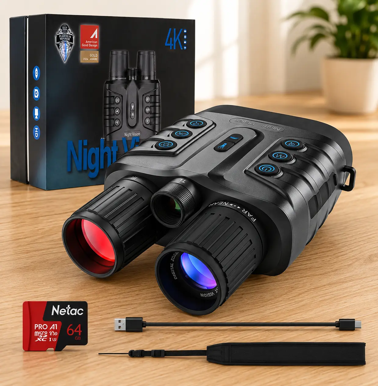 4K Night Vision Binoculars with 40MP Photos, 3-Inch HD Screen, 3-Level 850nm IR, 10000mAh Battery & 64GB Card