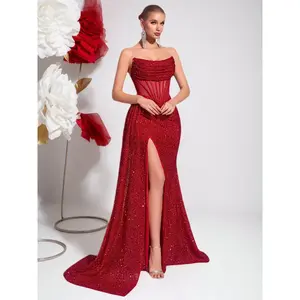 Elegant beaded evening gown, off-shoulder high-waisted long style, backless slit, formal party gown, women’s fashionable ball gown GARMENTARY