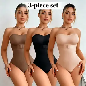 Women's Minimalist 3-Piece Compression Basic Sports Shapewear Set - Thong, Invisible Adjustable Shoulder Straps, Anti-Slip Strips, Abdomen-Tightening Row Buttons, Seamless Waist Cinching, Strapless Option
