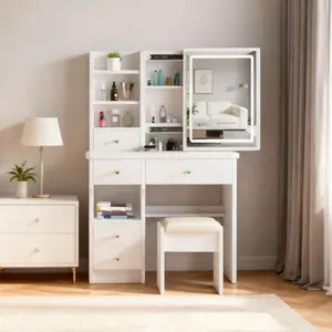 Makeup Vanity Desk With Sliding Mirror And Lights, 3 Adjustable Brightness Color Lighting Modes, Vanity Set With Drawers, Stool, Open Shelves, Dressing Table For Bedroom