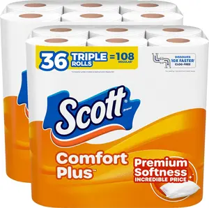 Scott ComfortPlus Toilet Paper, 36 Triple Rolls, 231 Sheets per Roll, Septic-Safe, 1-Ply Toilet Tissue (Packaging May Vary)