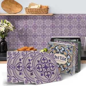 12/24 PCS/Box ART PE Crystal Tile Stickers Light Purple Base Dark Purple Scroll Pattern Vintage Pattern Waterproof Oil-Proof Home Decor for Kitchen Bathroom Floor Ceiling Tiles Old Wooden Boards