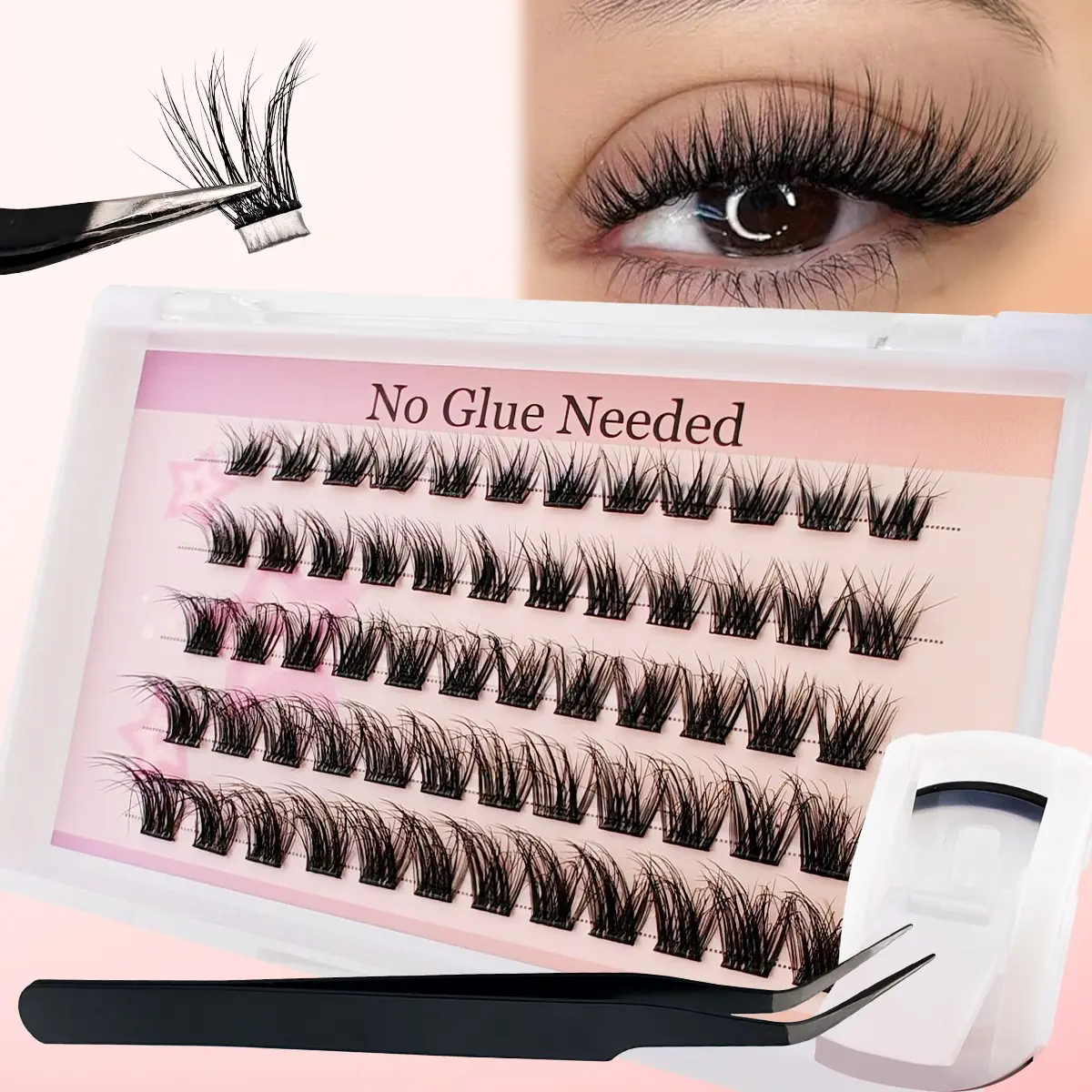 60 Pairs Self-Adhesive False Eyelashes, 3-In-1 Set with Lash Curler & Tweezers, Mixed Lengths 8-16mm, Waterproof, Cosplay, Travel-Friendly