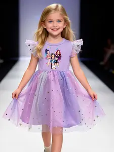 Girls' Princess Mesh Dress, Anime Girl Print, Gradual Star Moon Skirt, Loose-Fitting Summer Casual Wear, Comfortable Breathable Kids Clothing