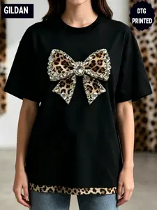 Leopard Rhinestone Bow Tee Glam Animal Print Graphic Shirt