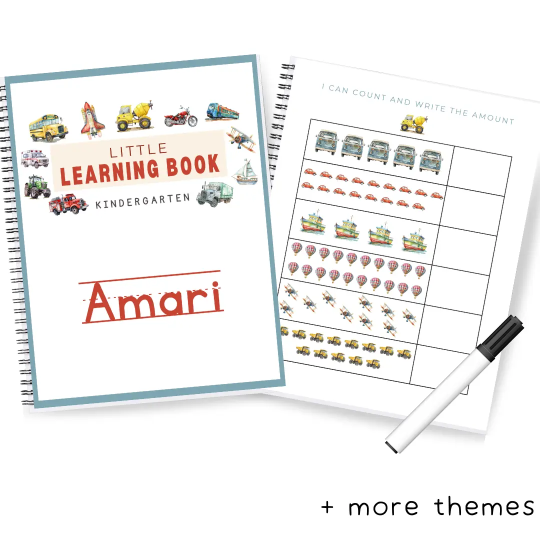 Kindergarten Personalized Learning Book - Dry Erase Customized- Letters, Numbers, Tracing, Shapes, Feelings, Sight Words, Addition, Subtraction