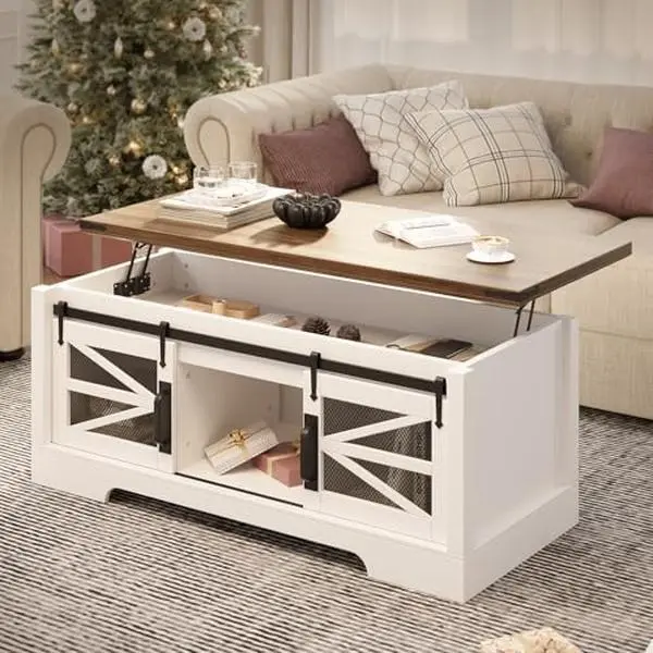 Rustic Brown Lift Top Coffee Table, 47.2 in Multifunction Coffee Table with Sliding Barn Door, Hidden Storage Compartment, Lifting Table Top and Adjustable Shelf, Farmhouse Rustic Center Dining Table
