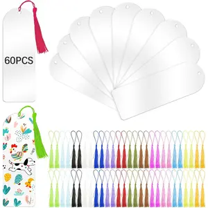 120 count Clear  Bookmark Blanks 6" x 2", Transparent Semicircle Blank  Bookmarks Bulk 60 count Plastic Book Page Markers with 60 count Book Mark Tassels for DIY Crafting Projects and  Tags