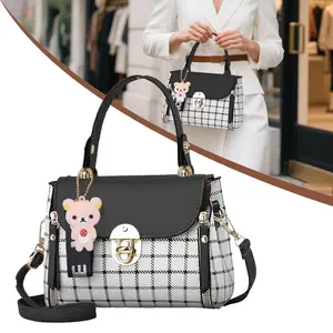 Plaid Pattern Handbag Women's Buckle Decor Flap Purse Fashion PU Leather Crossbody Bag Gift Elegant Accessory with Bear Pendant 7.8"L x 4.3"W x 5.9"H
