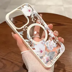White Flower Pattern Magnetic Phone Case Supports Wireless Charging  for iPhone 17 Pro Max 16 Plus 15 14 13 12 11 XR XS Anti-Scratch Shockproof TPU Bumper Drop-proof Transparent Acrylic Cover Cellphone Protective.