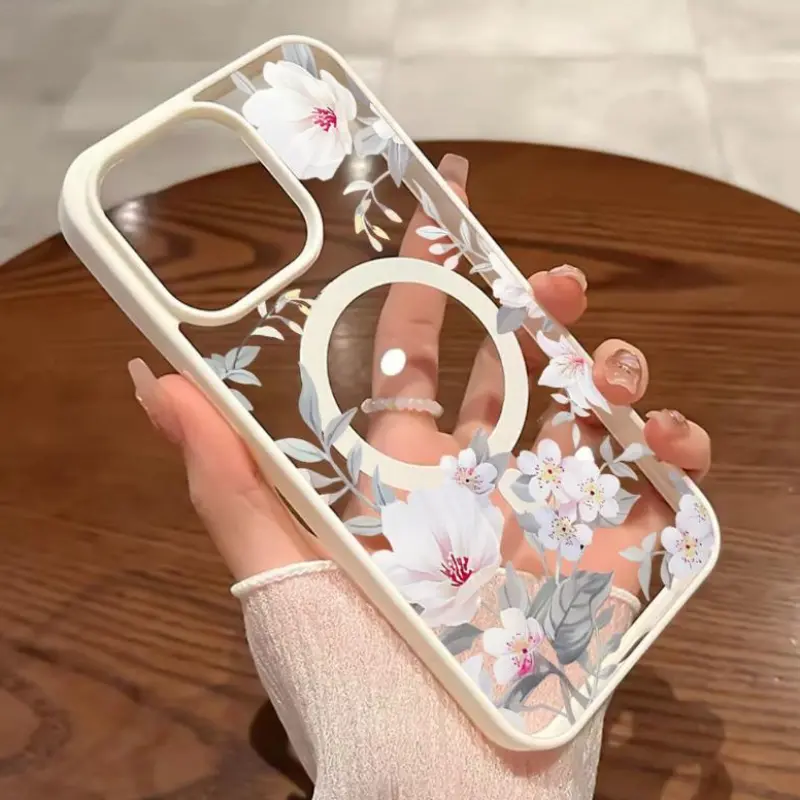 White Flower Pattern Magnetic Phone Case (white_dm0387_02b) for iPhone Series (17,16,15,14 Pro Max,13,12,11,XR,XS Plus) - Shockproof, Non-Slip, Wireless Charging-Supporting Cover with Silicone & Transparent Acrylic Protection