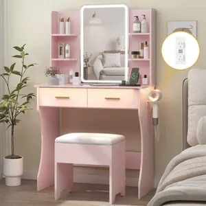 Makeup Vanity Desk With Mirror And Lights, Vanity With Power Outlet And LED Lights, Vanity Table With 2 Drawers And 6 Storage Shelves, Vanity Set With Stool For Bedroom