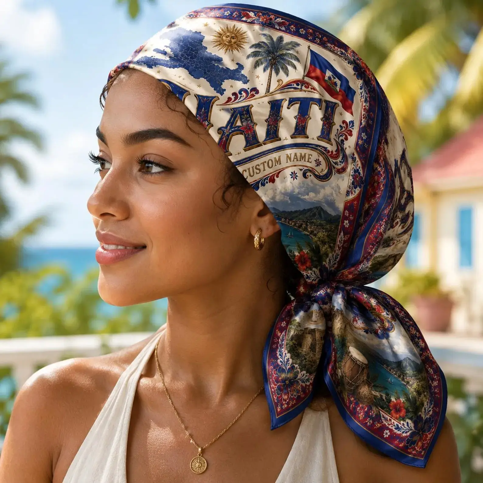 Haiti Satin Bandana Scarf, Custom Haiti Soccer Fan Bandana, Haiti Head Scarf, Festival Hair Wrap, Patriotic Haiti Gift
