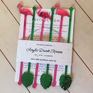 Flamingo Drink Stirrers, Tropical Cocktail Stirrers, Flamingo & Palm Leaf Party Drink Decor, Luau Birthday, Pool Party, Set of 6