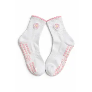 Soft Bloom Grip Socks - Delicate Feminine Floral Embroidered Pink Flower Petal & Grip Details for Studio Sessions & Home Comfort
