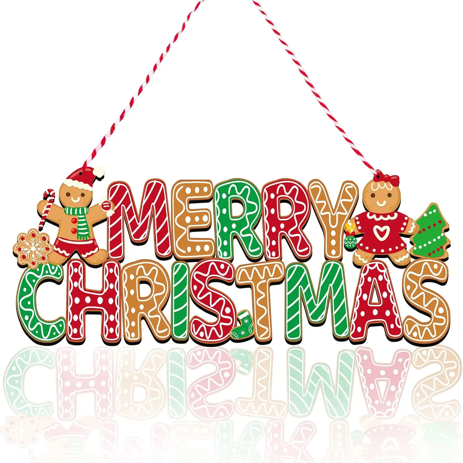 Uflashmi Wooden Gingerbread Merry Christmas Door Sign, Ginger Bread Christmas Hanging Sign for Front Door Wall Decor, 12.6x5in