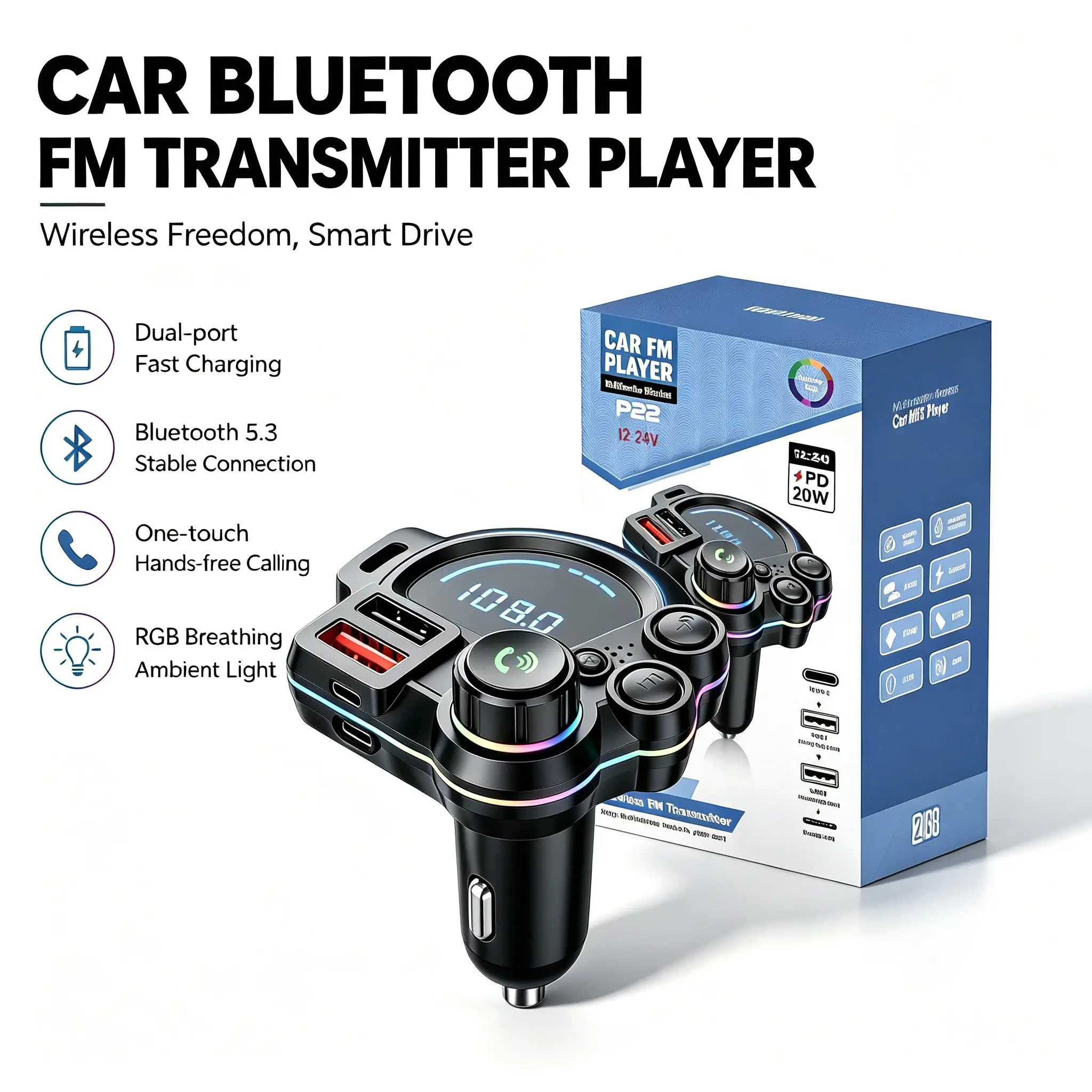 Bluetooth 5.3 Car FM Transmitter Wireless MP3 Player, PD 20W Type-C Fast Charger with Dual USB Ports, RGB Glowing Radio Adapter, Hi-Fi Bass Enhancement, HD Hands-Free Calling, Universal 12V-24V Car Accessory