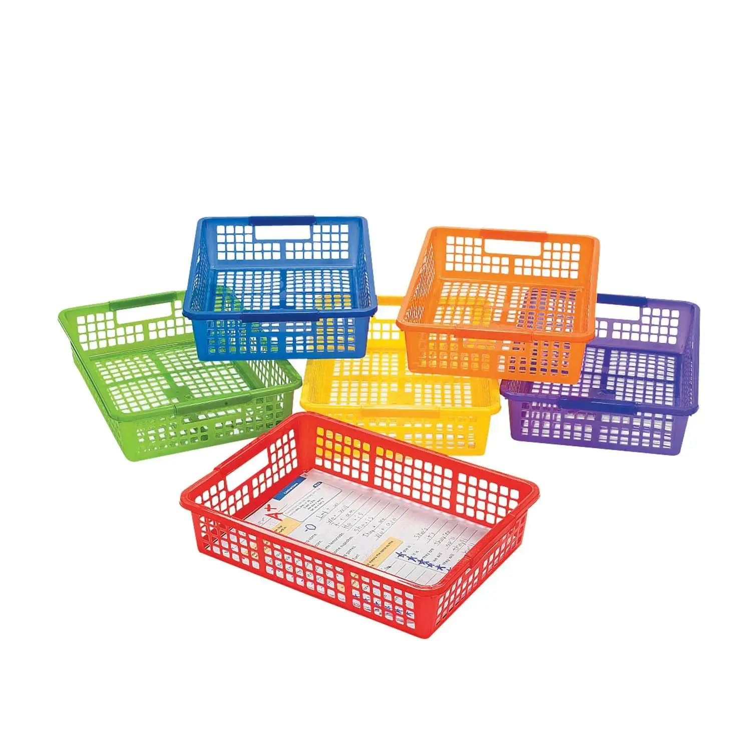 Classroom Storage Solid Color Plastic Baskets with Handles - 13" x 9 3/4", 6 Pcs