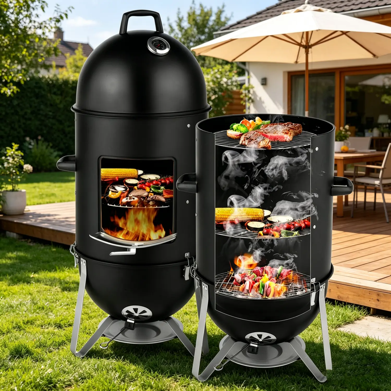 3-Layer Vertical Steel Charcoal Smoker - Round BBQ Grill with Temp Control, Portable Cast Iron Cooker, Outdoor Cooking Equipment with Even Heat Distribution, Smokey Mountain Cooker for Camping