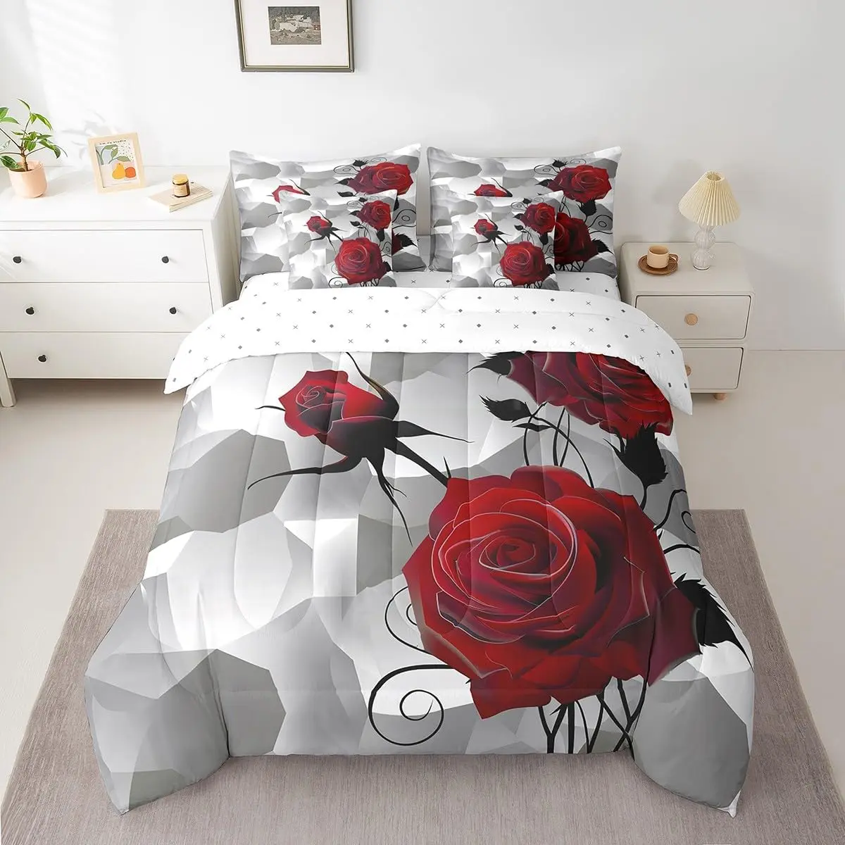 Feelyou 7-Piece Women's Romantic Rose Comforter Set - Rose Flower Duvets Bed-in-a-Bag with Sheets, Pillowcases, Cushion Cover