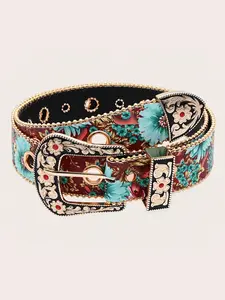 Vintage Western Style Tropical Floral Women's Belt, Western Belts, PU Leather Belts, Boho Style Belt, Colorful Butterfly Print Waistband, Vintage Carved Buckle, Perfect for Vacation