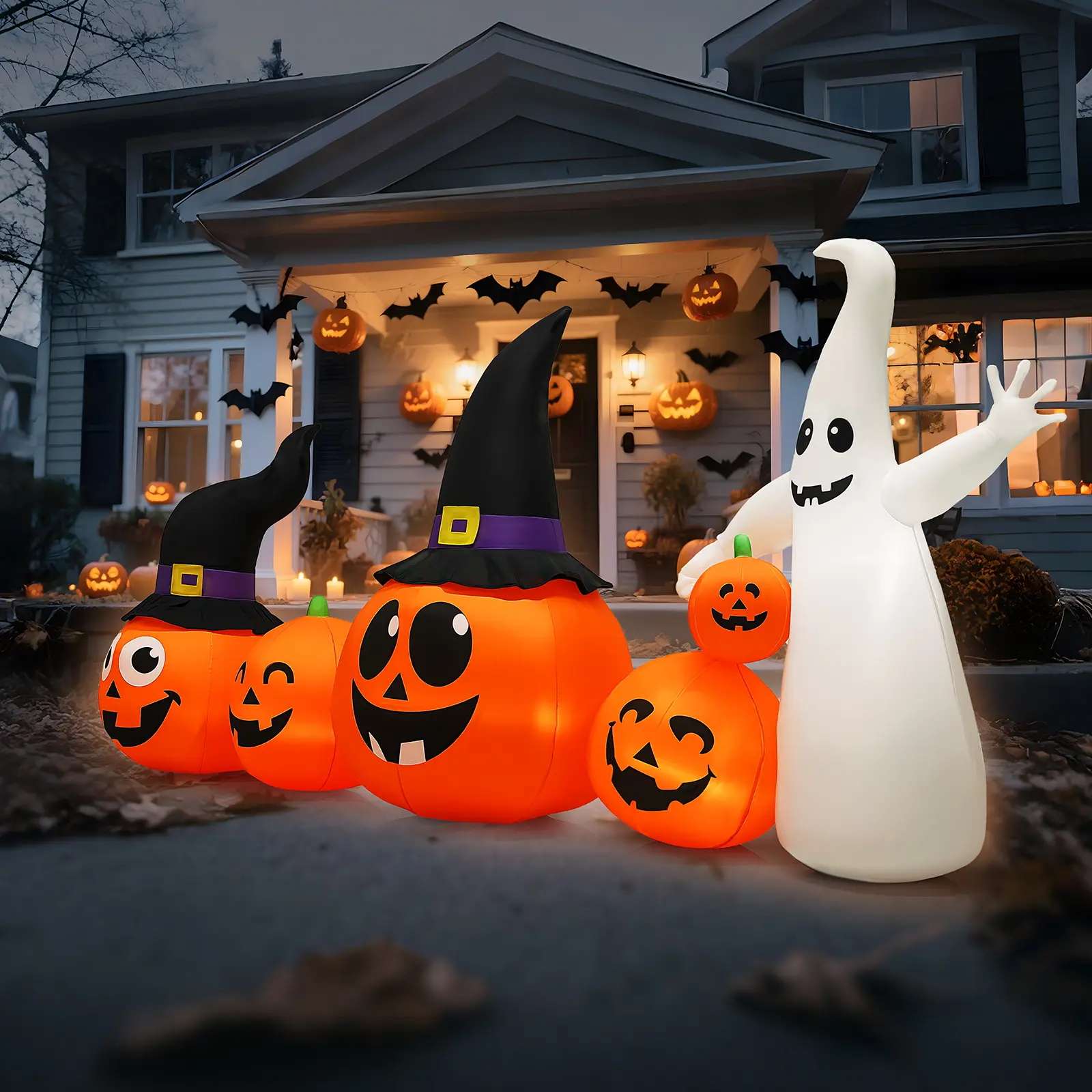 VINGLI Halloween Inflatable 8FT Row of Wizard Hat Pumpkin Ghosts with LED Lights, Spooky Blow Up Outdoor Yard Decoration Childrens Day Props Magical