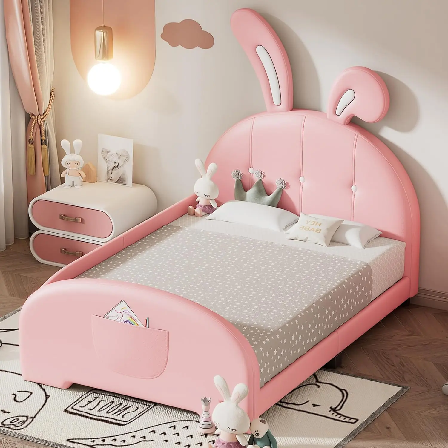 Twin Size Upholstered Rabbit-Shape Princess Bed, Twin Size Platform Bed with Headboard and Footboard, No Box Spring Needed, Pink