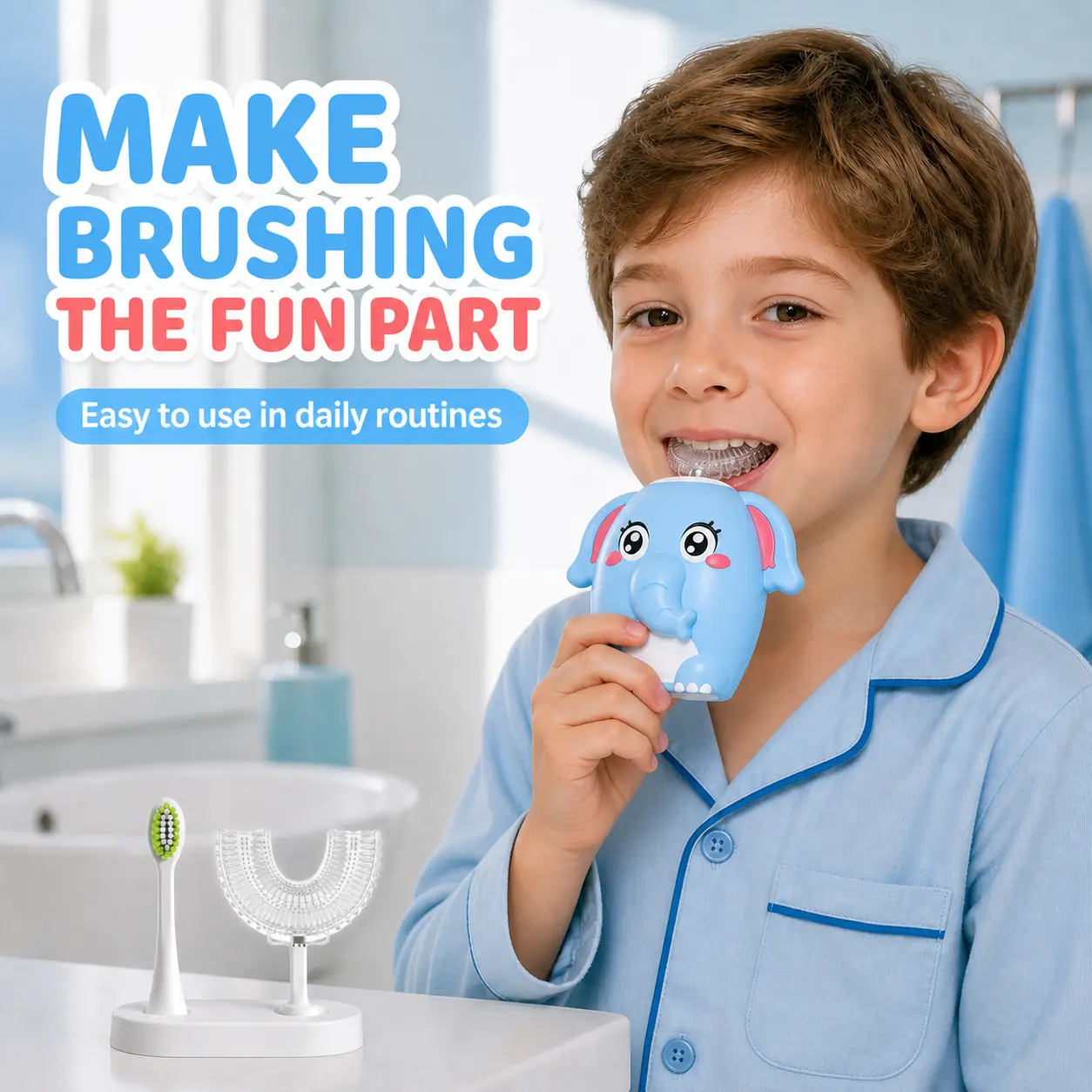 Kids Electric Toothbrush Set with 4 Brush Heads, Cute Elephant Toothbrush with 2 U-Shaped & 2 Traditional Heads, Fun Daily Oral Care