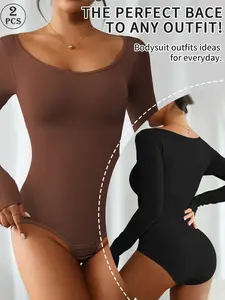 2 pack Solid Color Women's Autumn/Winter Casual Long Sleeve Jumpsuit Bottom and Inner Layer Crotch Button Tummy Lift Buttocks No Underwear No Wear Slim Slim High Stretch One-Piece Shapewear Women