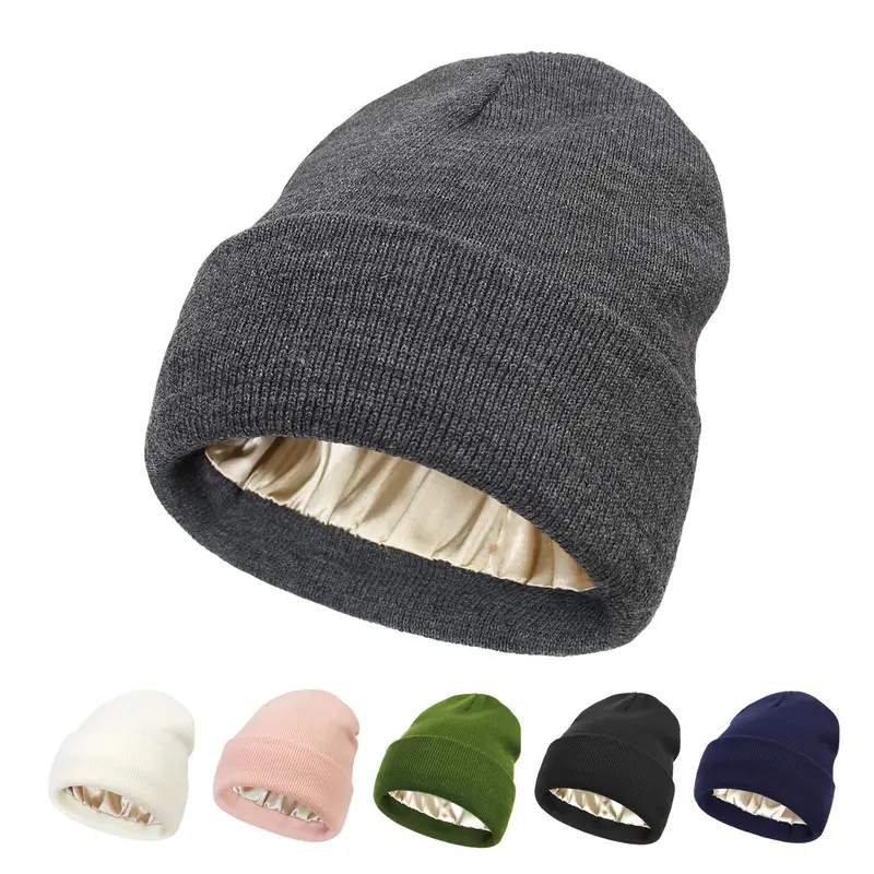 Cozy Knit Satin Cap for Women - Hair-Protecting and Warm Headwear for Autumn/Winter Season - Fashionable and Functional Ladies' Hat
