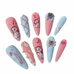 W97 Cute pink cartoon Marie cat handmade long sharp exquisite reusable press on nails Acrylics Powder Blue