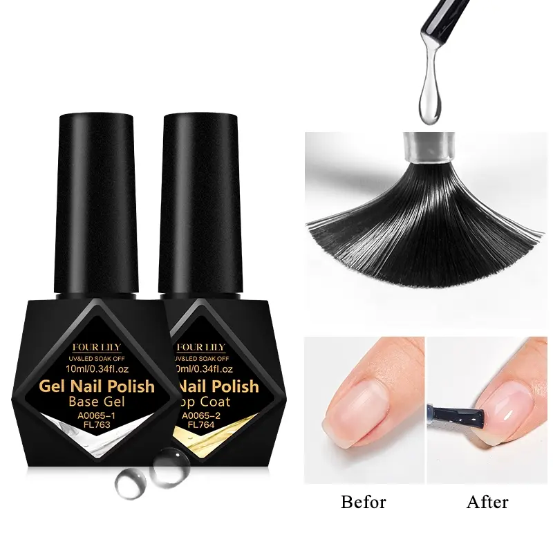 Fourlily 2pcs Base Gel & Top Coat Set, Scratch & Abrasion Resistant, Alcohol-Free, Unscented, UV LED Curing, Salon Quality Manicure Gel, Functional Nail Polish Gel, Base And Top Coat Gel Nail Polish, Nail Art Manicure, DIY Manicure
