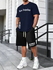 Men's Summer Solid Round Neck Short Sleeve Casual T-Shirt and Drawstring Waist Shorts Set, Geometric Letter Print, Fitted Knit Fabric, Moderate Thickness, Clothes