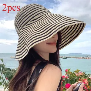 Set of 2 Wide Brim Sun Hats in Black And White Stripes, Made from Lightweight And Breathable Material, Suitable for Most Sizes, Offering for Beach Trips, Outdoor Activities, And Vacations for Women