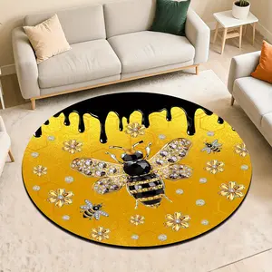1pc Bee-Themed Round Floor Mat - Vibrant Yellow & Honeycomb Design with Golden Bees, Soft Polyester, 39.37x39.37inch, Perfect for Living Room, Bedroom, Kitchen Decor, Bedroom Decor | Vibrant Floor Mat | Durable Floor Covering, Bee Decor