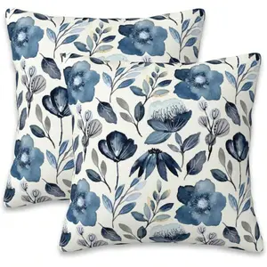 2pcs Blue Floral Pillow Covers, Watercolor Floral Spring Decorative Pillow Shams, Summer Abstract Blue Flower Cushion Covers, Farmhouse Decor Outdoor Throw Pillow Cases, Sofa Bed Pillowcases, Single-Sided No Insert, (16"X16", 18"X18", 20"X20") (12"X20")