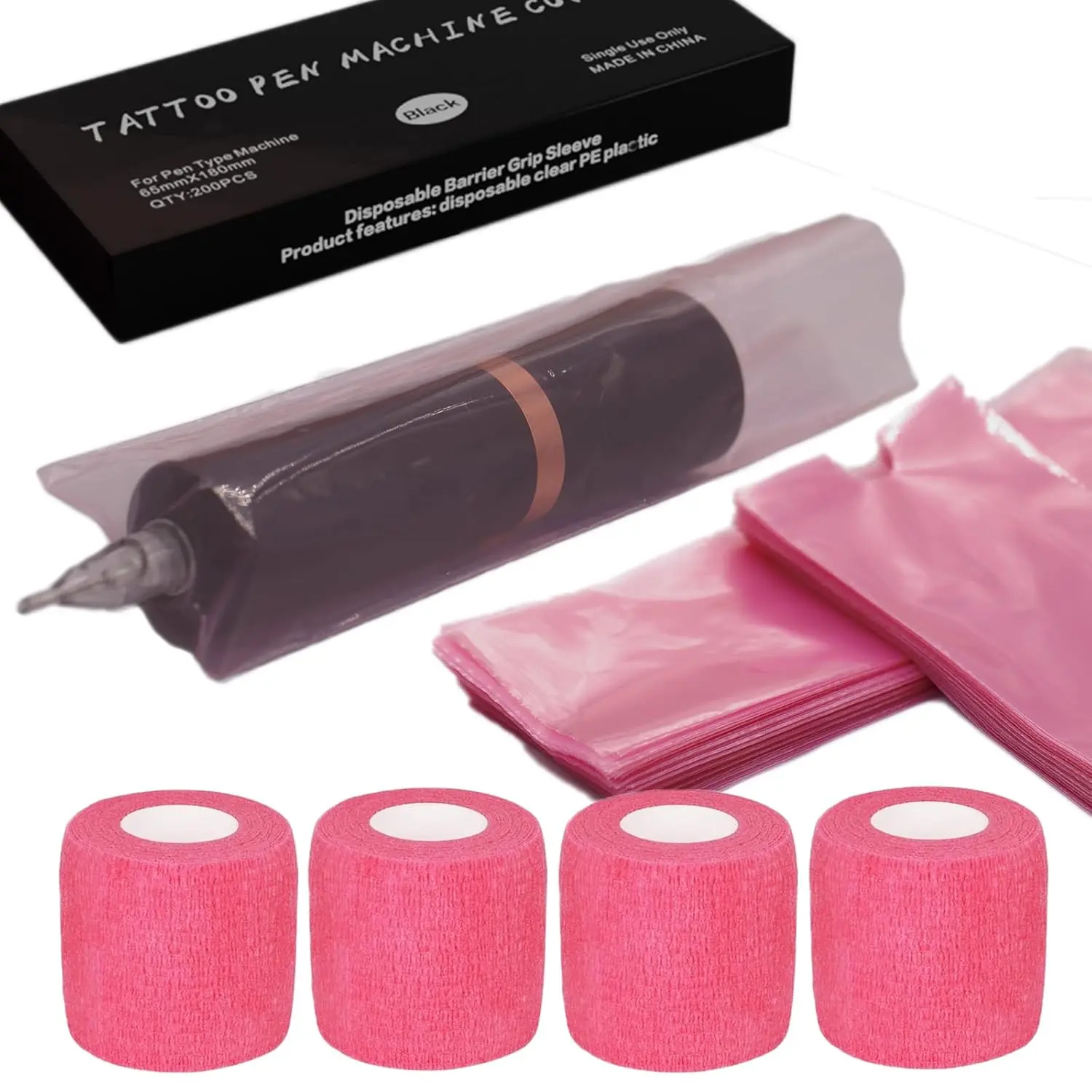 Tattoo Machine Pen Cover Tape Wrap - 200count Large Tattoo Pen Covers Pink and 4count Tattoo Grip Wrap Combination Grip Tattoo Machine Covers Tattoo Tape Wrap Tattoo Supplies