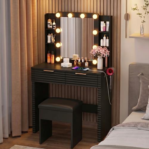 Bellemave Vanity Desk with Mirror & Light, Large Drawer Three Level Storage Dresser, 3 Lighting Modes Adjustable Brightness, Bedroom Dressing Table