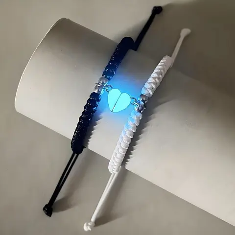 Couple's Fabric Hand Ropes Matching Jewelry Set - 2 Adjustable Pieces with Luminescent Heart Charm, Elegant Romantic Accessories for Adults, Matching BF and GF Gifts, Express Your Style Everyday Wear Costume Bracelets
