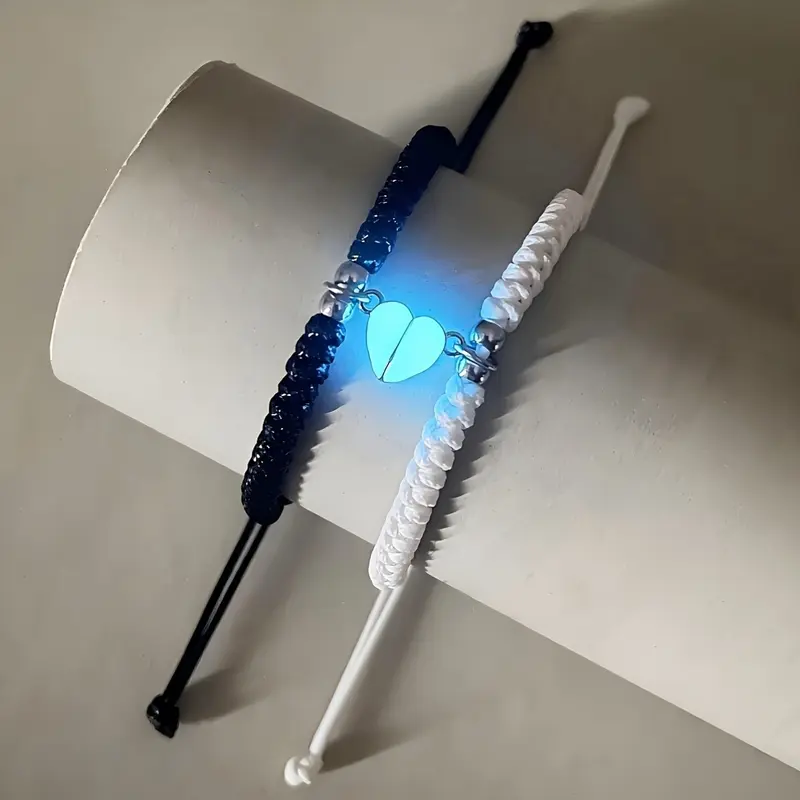 Luminous Love Couple Hand Rope Set Adjustable Heart Shaped Bracelet for Men Women Trendy Jewellery Accessories Black White