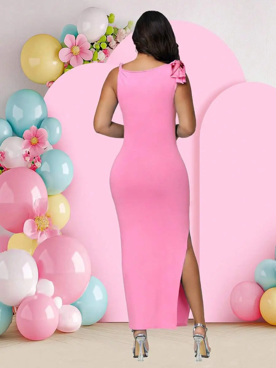 ELARA Asymmetric Neckline Twist Shoulder Sleeveless Solid Color Maxi Dress  For Pregnant Women, Suitable For Baby Shower Party And Summer Wear Spring -  TikTok Shop