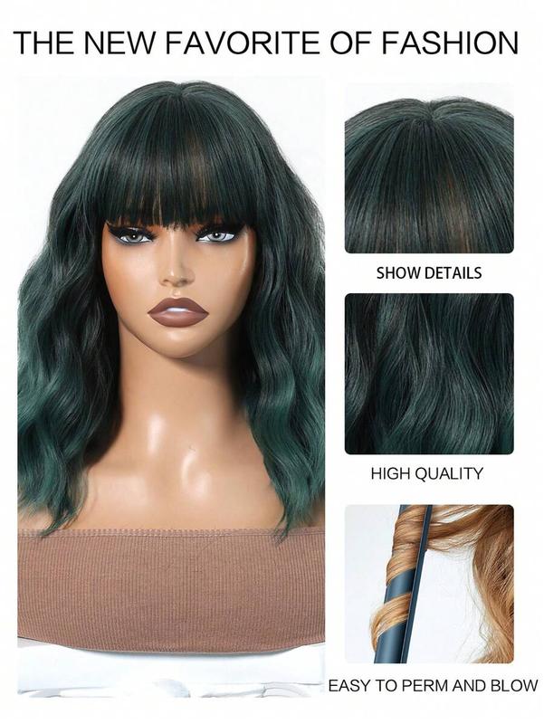 Dark Green Bob Wigs For Wome Curly Wavy Wigs With Bangs Short Heat Resistant Synthetic Wigs For Party Costume Daily Wear Colorful Wigs