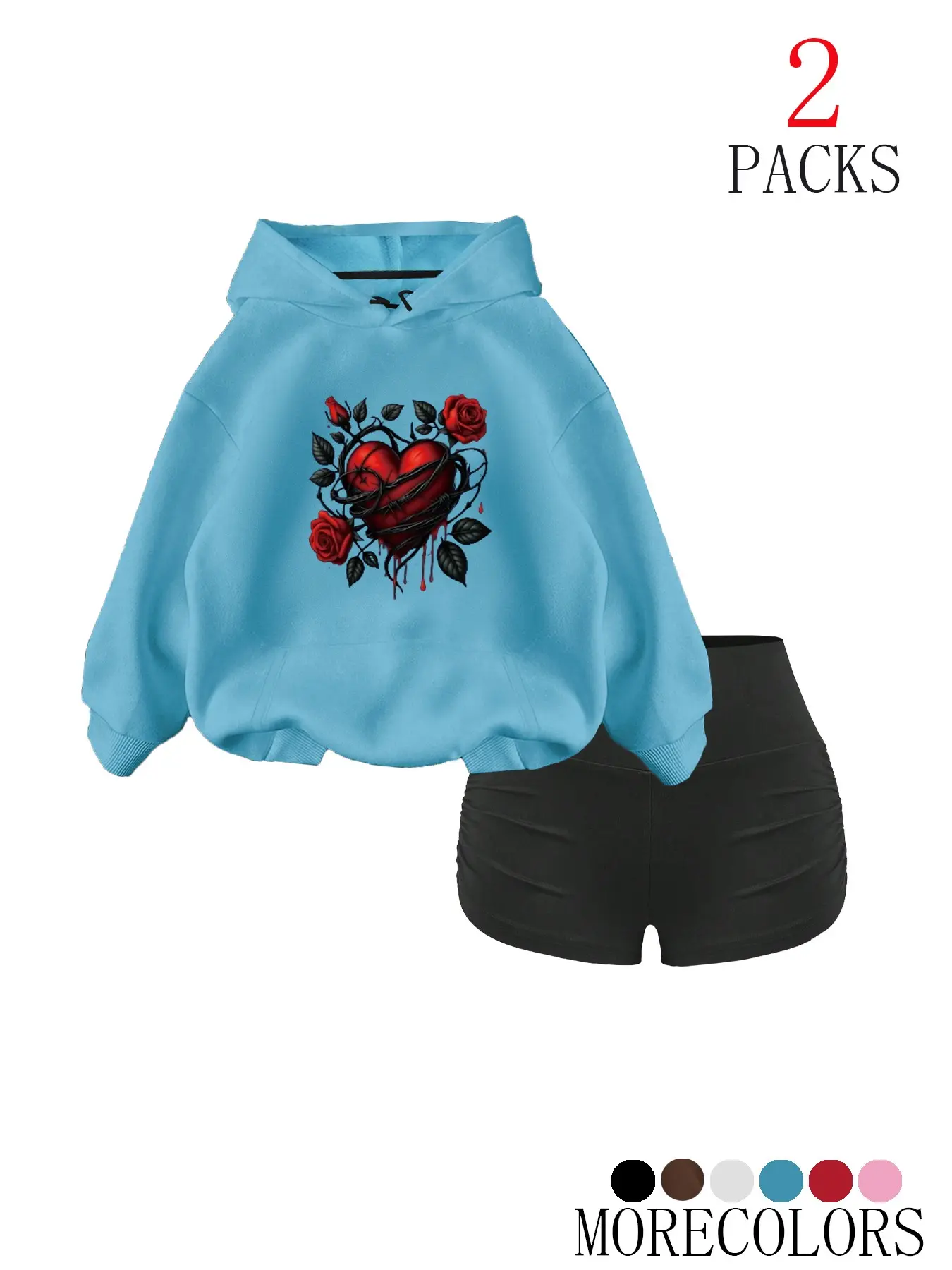 Women's Fall Winter Warm Hooded Sweatshirt Set, Preppy Style Pocket Hoodie & Fitness Shorts, Heart Floral Print, Loose Fit