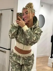 CYNE Women's Camouflage Print Zip Up Hoodie Jacket, Casual Fitted Long Sleeve Hooded Sweatshirt for Spring & Fall, Ladies Womenswear Clothes for Daily Wear