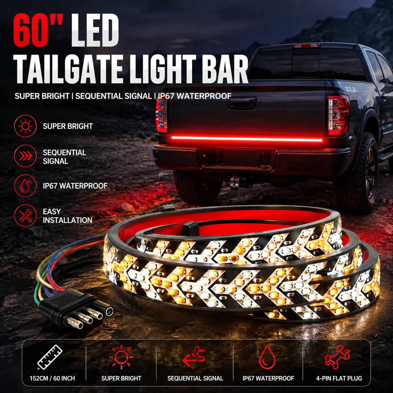 Car Truck LED Tailgate Light Strip Turn Signal Lamp Flowing Dynamic Warning Brake Reverse Tail Light Bar For Pickup 12-24V