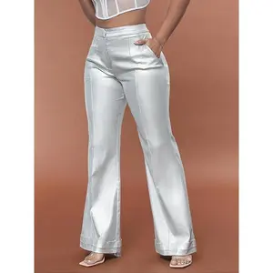 Metallic pocket flare-leg pants for women, high-waisted party trousers for nightclubs and music festivals, ladies’ bottoms for spring and fall