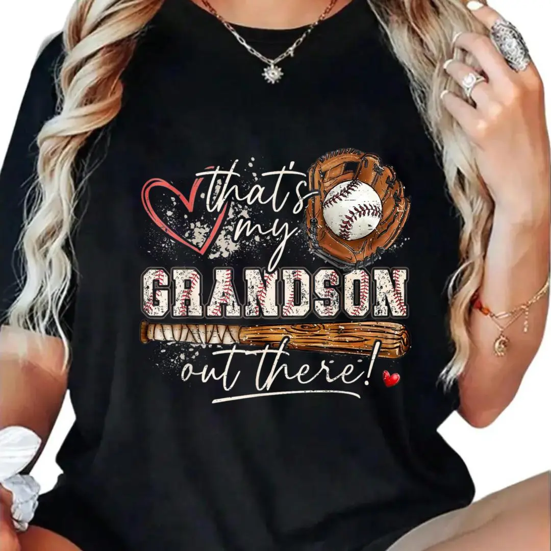 Unisex Soft Comfortable Cotton Round Neck T-Shirt - "That's My Grandson Out There" Baseball Prints, Planet-Themed Accents, Relaxed Fit for Grandma (Mother's Day Gift), Fashion Everyday Wear, Pairable with Complementary Bottoms