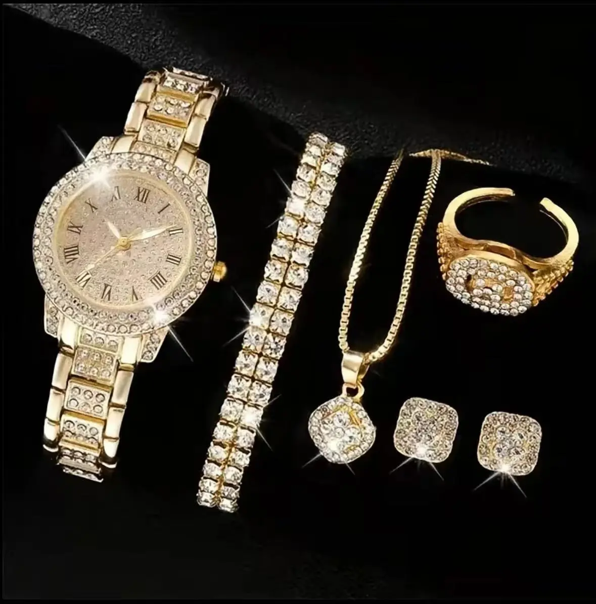 Women Luxury Crystal Watch Bracelet 2PcsSet Bling Rhinestone Quartz Wristwatch GiftFor Her