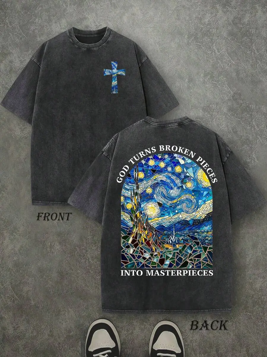 Retro Washed T-Shirt Double Sided Printed (230 Pure Cotton T-Shirt) 'GOD TURNS BROKEN PIECES'  Letter Print, Christian Gift, Men's T-Shirt, Men's Casual, Comfortable, Fashionable T-Shirt, Street Style Cotton