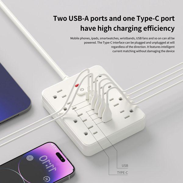 Multi-Function Multi-Socket Extension Cord with USB Type-C Charging Adapter Short Cable US Standard AC 110V Flexible Soft Cord